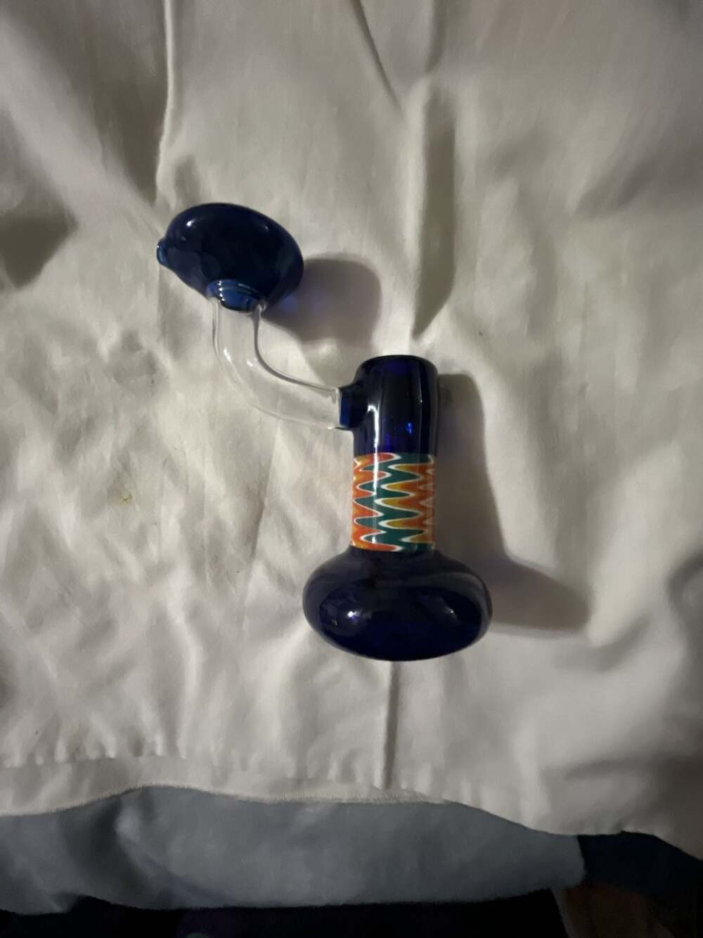 Artisan Hand-Blown Blue Glass Sherlock-Style Hand Piece  with  Multi-Color Patte